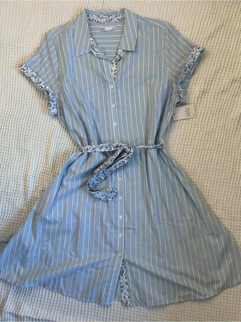 Light Blue Striped Shirt Dress with Floral Trim